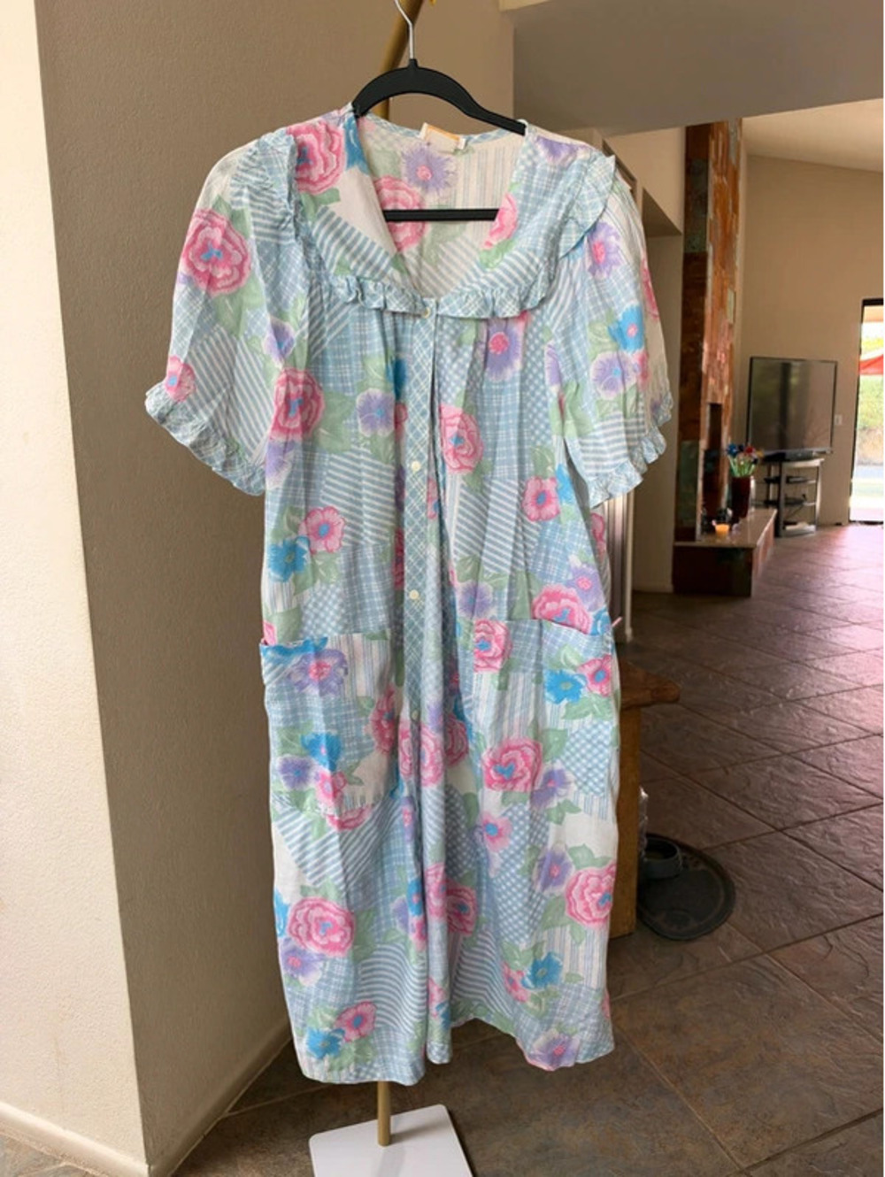 Barbizon Vintage Floral Patchwork Pattern Housecoat Snap Front Large